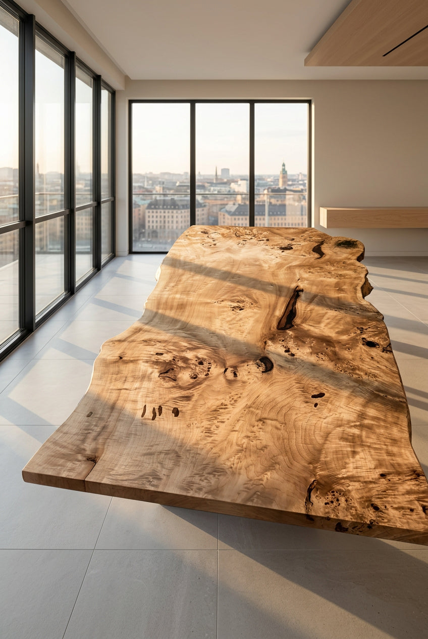Maserpappel Tischplatte mit Baumkante 306x145x5cm
